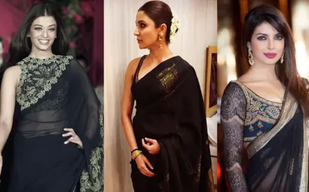 Black Saree With Statement Blouse design:  महफिल लुट रही है ऐश्वर्या राय, अनुष्का शर्मा और प्रियंका चोपड़ा