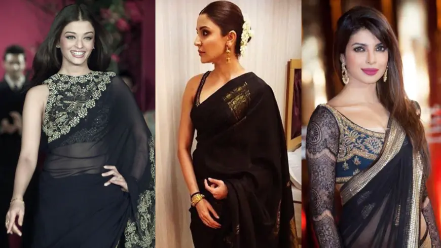 Black Saree With Statement Blouse design:  महफिल लुट रही है ऐश्वर्या राय, अनुष्का शर्मा और प्रियंका चोपड़ा