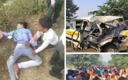 बदायूं  जिले के म्याऊं क्षेत्र में स्कूल बस और वैन की टक्कर से चार बच्चों समेत पांच की मौत । 24बच्चे घायल