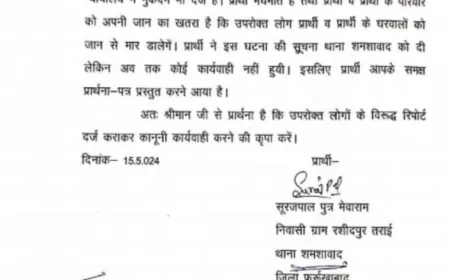 पीड़ित ने दबंग आरोपियों के खिलाफ़ पुलिस अधीक्षक फर्रुखाबाद को शिकायती पत्र देकर न्याय की गुहार की