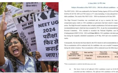 NEET : नेशनल टेस्टिंग एजेंसी ने 1563 बच्चों को ग्रेस मार्क्स क्षतिपूर्ति अंक हुए रदद्, 23 जून, 2024 फिर होगी परीक्षा