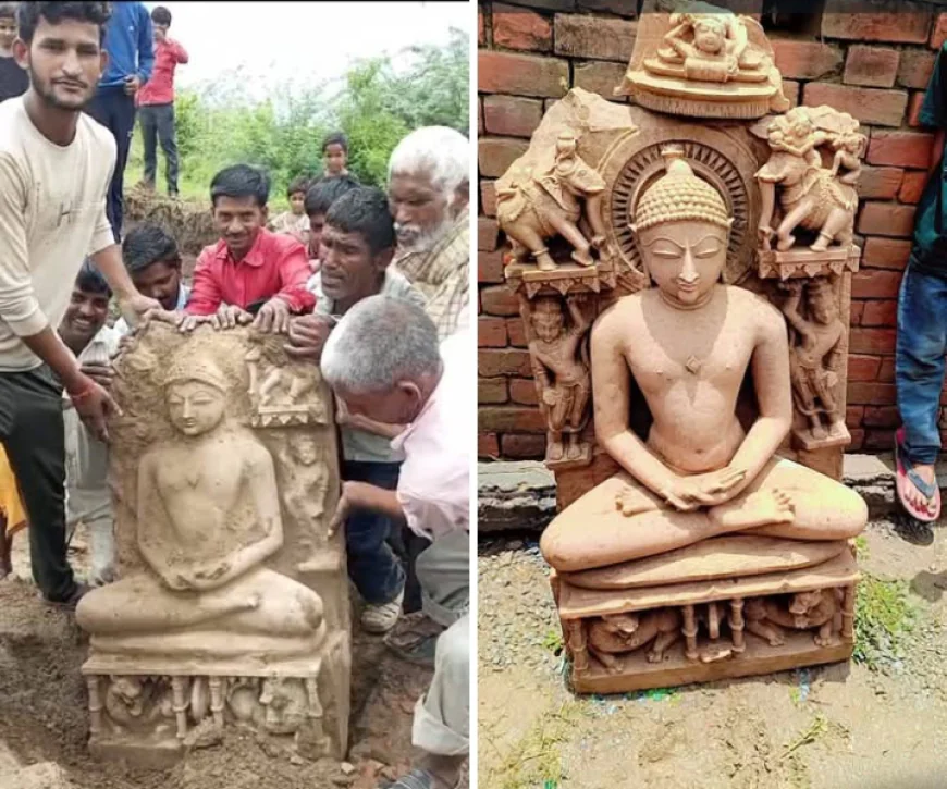 Etah News : रिज़ोर गांव में खुदाई के दौरान मिली भगवान महावीर स्वामी की प्राचीन प्रतिमा