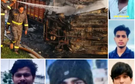 कार सवार चार दोस्त सहित कैंटर चालक की जलकर दर्दनाक मौत
