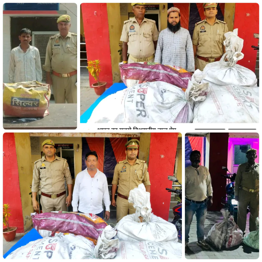 कासगंज पुलिस की अवैध पटाखा फैक्ट्री पर छापा मारी,04 अभियु0गण  गिरफ्तार, कब्जे से 32 बोरी अवैध पटाखे एवं 30 किग्रा0 बारूद बरामद