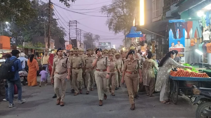 Kasganj news पुलिस अधीक्षक अंकिता शर्मा द्वारा पुलिस फोर्स के साथ कासगंज शहर के मुख्य मार्गो, बाजारों एवं भीड़-भाड़ वाले क्षेत्रों में किया फ्लैग मार्च