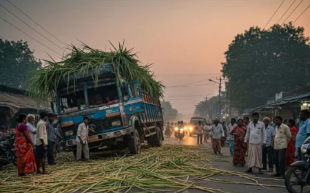 ओवरलोड गन्ने के ट्रक की बॉडी फटी, बाल-बाल बचे राहगीर; खराब सड़क को लेकर फूटा लोगों का गुस्सा
