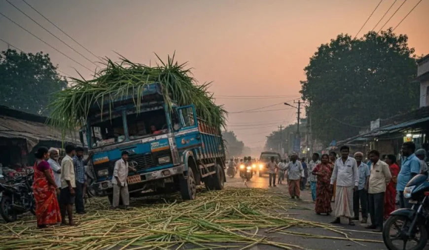 ओवरलोड गन्ने के ट्रक की बॉडी फटी, बाल-बाल बचे राहगीर; खराब सड़क को लेकर फूटा लोगों का गुस्सा